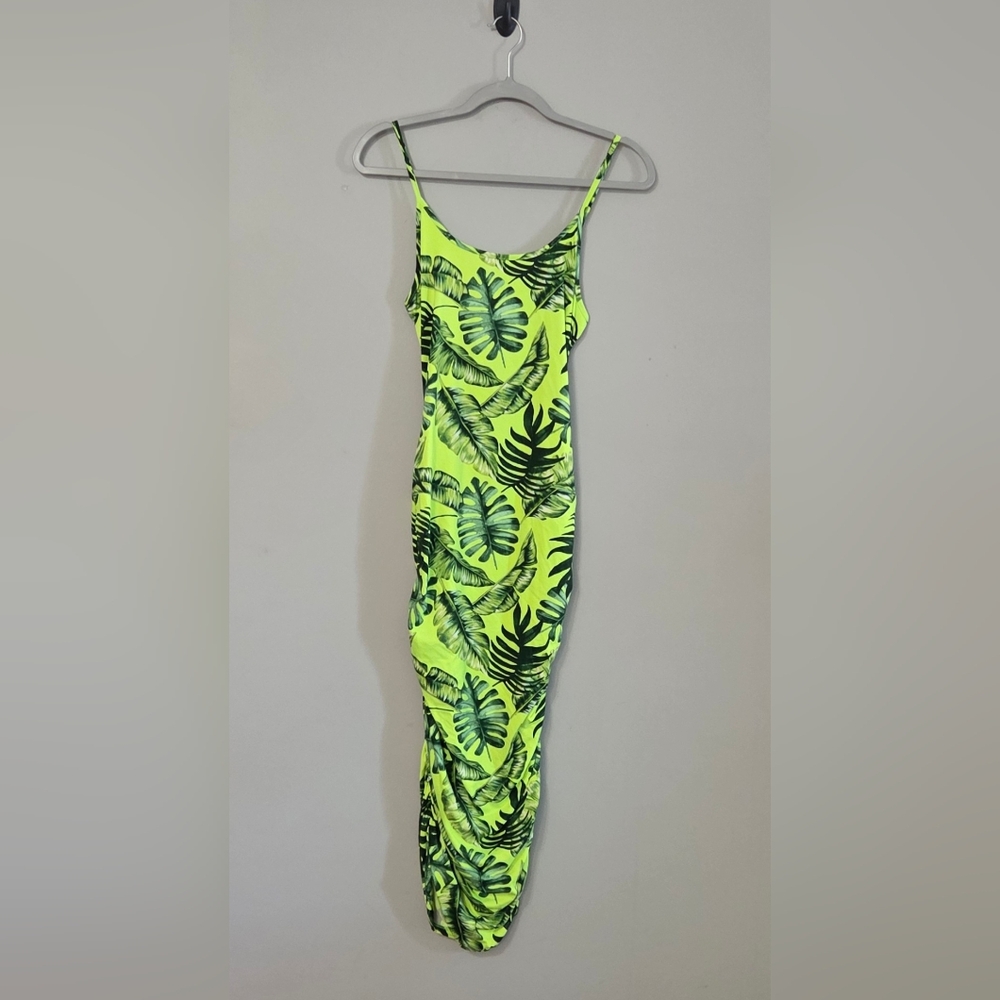 OBJEX Green Tones Tropical Print Ruched Midi Dress  Size XL